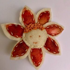 Happy Face Flower Pin Brooch Hand-sewn in Orange
